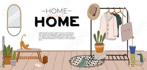 Stylish Scandinavian entrance hall interior and home decorations. Female clothes in  wardrobe. Clothing organization and storage. Vector illustration for women shop, boutique, store.
