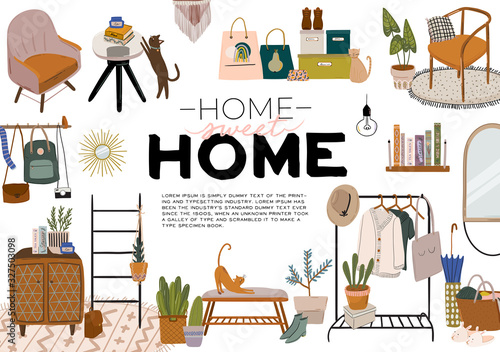 Stylish Scandinavian entrance hall interior and home decorations. Female clothes in  wardrobe. Clothing organization and storage. Vector illustration for women shop, boutique, store.