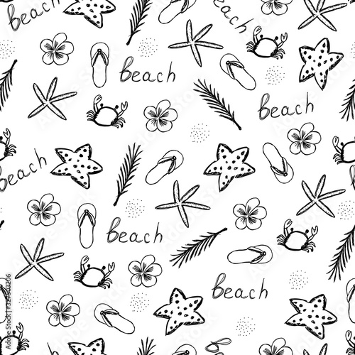 Seamless pattern of travel summer elements. Cute illystration in doodle style. 