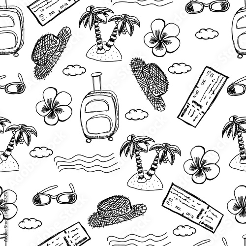 Seamless pattern of travel summer elements. Cute illystration in doodle style.  photo