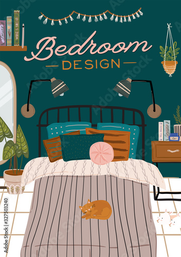 Stylish Scandinavian bedroom interior - bed, sofa, wardrobe, mirror, night stand, plant, lamp, home decorations. Cozy modern comfy apartment furnished in Hygge style. Vector illustration. Isolated