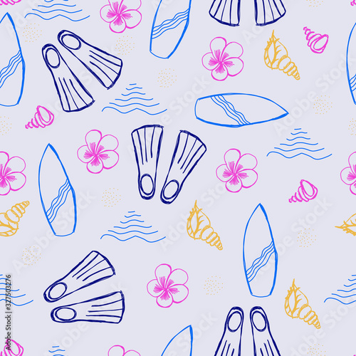 Seamless pattern of travel summer elements. Cute illystration in doodle style.  photo