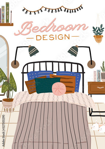 Stylish Scandinavian bedroom interior - bed, sofa, wardrobe, mirror, night stand, plant, lamp, home decorations. Cozy modern comfy apartment furnished in Hygge style. Vector illustration. Isolated