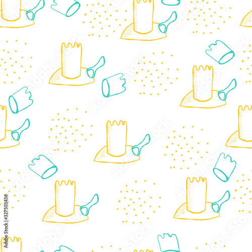Seamless pattern of sand castle, shovel and mold. Hand draw Illustration in doodle style. Marine and summer theme for baby, boy textile and cover.