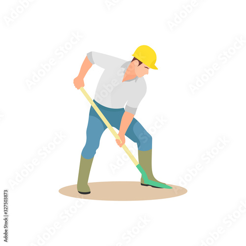 Man holding shovel and digging something. Hard worker. Gold miner. Farming farmer. Gardener. Underground work. Industry labor worker. Strong man - Simple flat vector illustration.