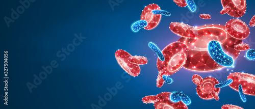 Erythrocytes or red blood cells. Human vascular system, microscopic cells world concept. Abstract polygonal image on blue neon background. Low poly, wireframe digital 3d Raster illustration