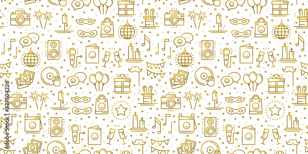 Birthday party seamless pattern in gold. Party decor elements: birthday cake, gift, confetti. Festive, event, entertainment, fun, carnival theme. Golden texture. Vector illustration. Line background. Birthday party seamless pattern in gold. Party decor elements: birthday cake, gift, confetti. Festive, event, entertainment, fun, carnival theme. Golden texture. Vector illustration. Line background.