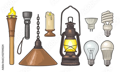 Set lighting object. Torch, candle, flashlight, different types electric lamps