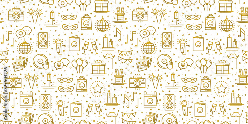 Birthday party seamless pattern in gold. Party decor elements: birthday cake, gift, confetti. Festive, event, entertainment, fun, carnival theme. Golden texture. Vector illustration. Line background.