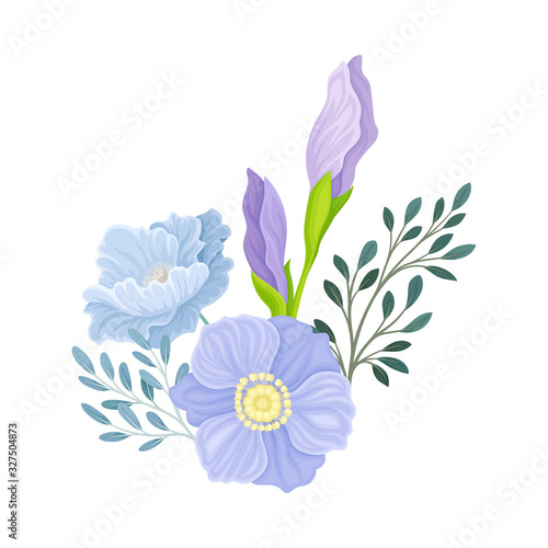 Flower Arrangement with Closed Iris Bud on Green Erect Stem Vector Illustration