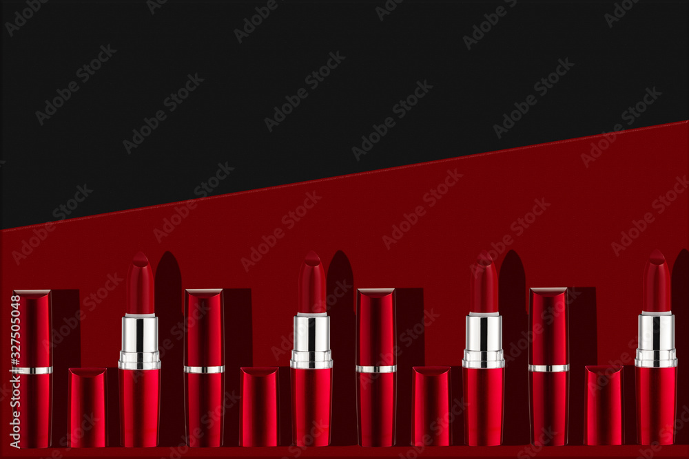 Creative advertising photo of lipstick. Against the background of leather material. Copy space. Product photography. Creative advertising photo of lipstick. Against the background of leather material. Copy space. Product photography.