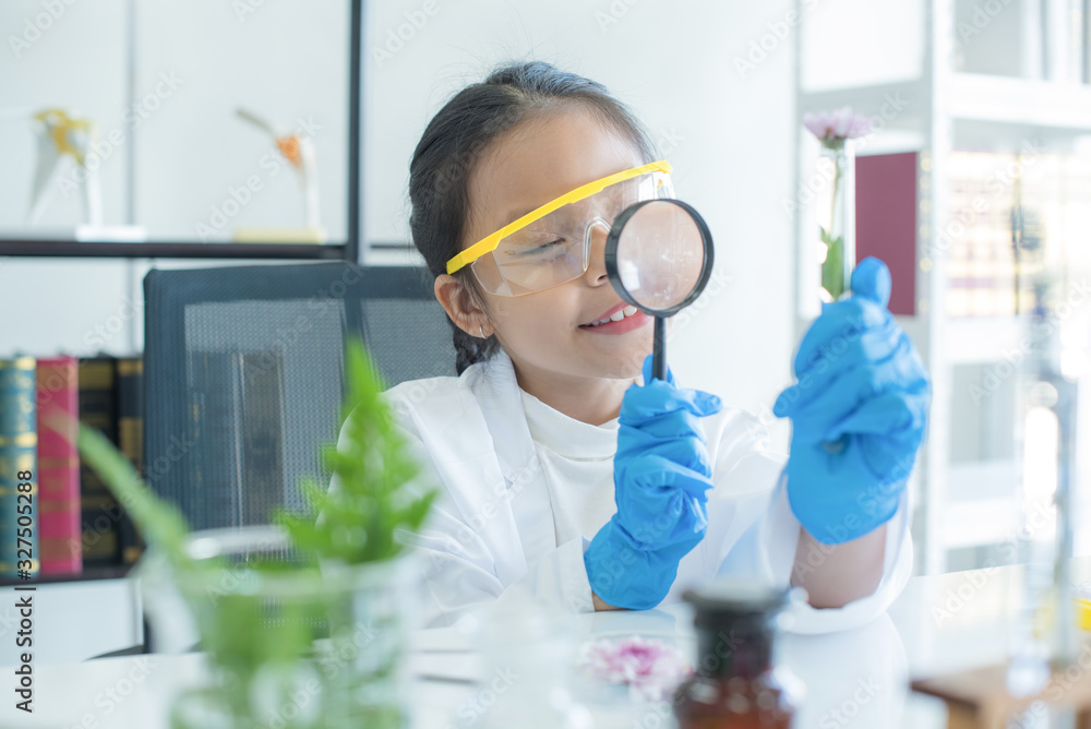 little asian girl elementary school looking into magnifying glass at the flower on desk at school.scientist making experiments in home laboratory. child and science. education concept. . little asian girl elementary school looking into magnifying glass at the flower on desk at school.scientist making experiments in home laboratory. child and science. education concept. .