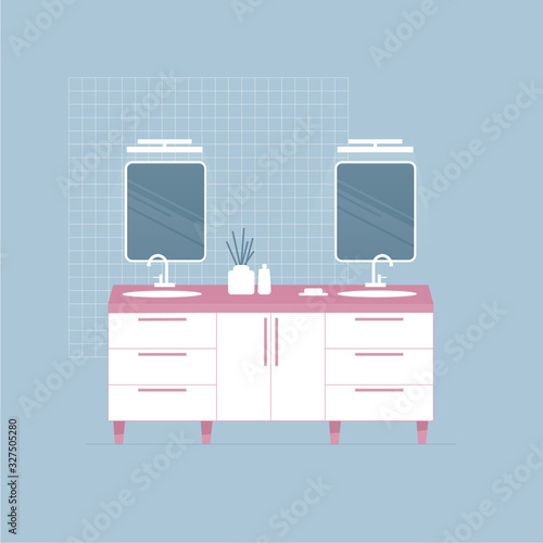 Modern white bathroom interior. Double sink and two mirrors. Flat style on grey.