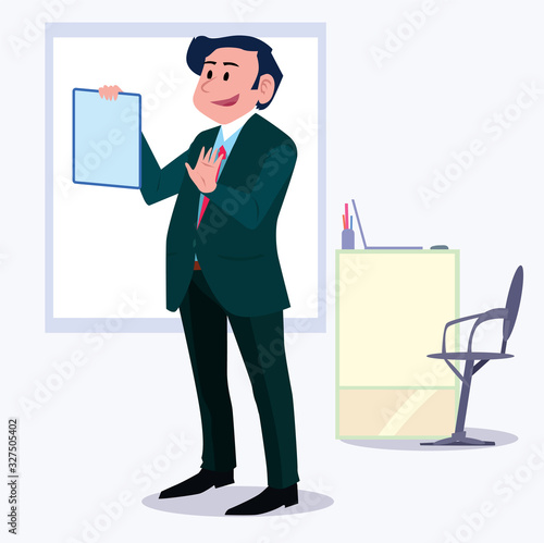 Business men Office cartoon characters. Standing persons. Business People at morning meeting. Illustration vector of discussion and talk, Board background.