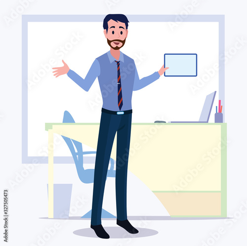 Business men Office cartoon characters. Standing persons. Business People at morning meeting. Illustration vector of discussion and talk, Board background.