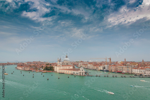 Aerial view of Giudecca channel and Canal Grande with boat deck, Venice, Italy. Concept: historic Italian places, evocative and little-known views of Venice, sporting events © Gianluca