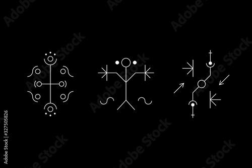 Occult geometry symbol set with circles, lines, crosses and figures. Ancient secret signs. Cave drawings. UFO signs. Design symbols for logic, metroidvania and indie games. Vector illustration.