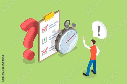 Vector Isometric Concept of Quick Quiz. Man is standing in Front of the Board with Questions Participating in a Quiz Competition. Fast Questions and Answers Game.