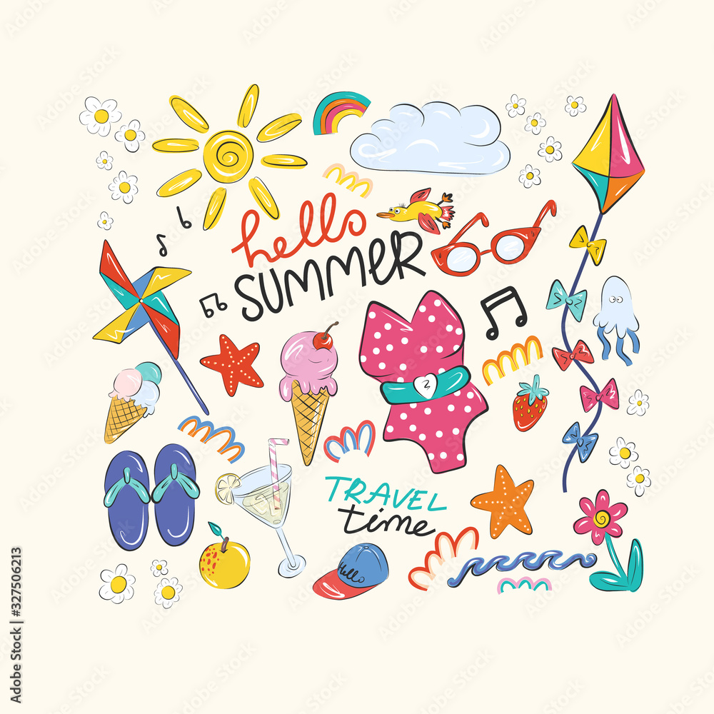 Set of summer icons, hot season, cool drinks, swimwear, sea inhabitants, recreation and tourism, diving and beach holidays. Color flat hand drawn vector illustration of vacation time. Cartoon style.
