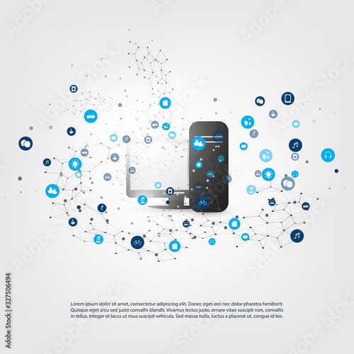 Abstract Modern Minimal Style Cloud Computing, Networks, IoT, Mobility and Telecommunications Concept Design with Icons and PC or Server Computer - Vector Illustration