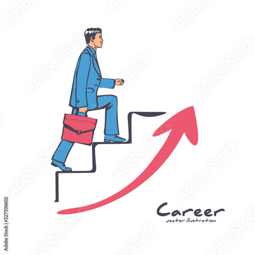 Businessman is climbing career ladder. Concept development. Vector illustration sketch design. Isolated on background. Step by step. Human in a suit with a briefcase runs down stairs.