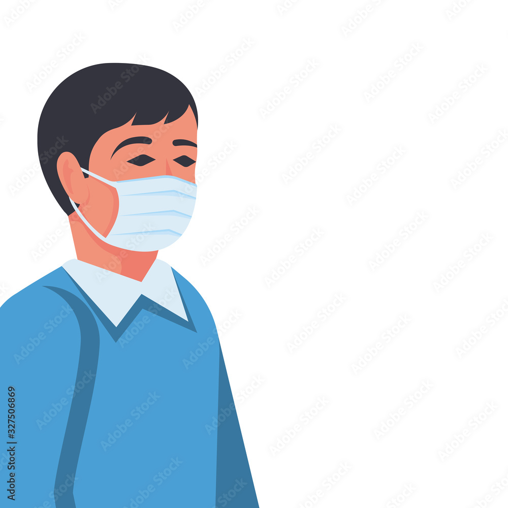 Young man in a medical mask. Face mask icon. Close up portrait of man in protective respiratory mask. Vector illustration flat design. Isolated on white background.
