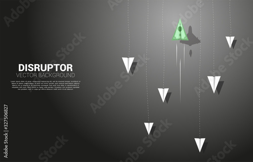 money banknote origami paper airplane is move different direction from group of white. Business Concept of disruption and niche marketing