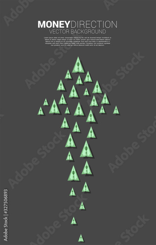 group of money banknote origami paper airplane is arranged in a shape of big arrow. Business Concept of company direction and power of unity