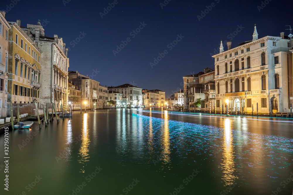Grand Canal with gondolas at night, Venice, Italy