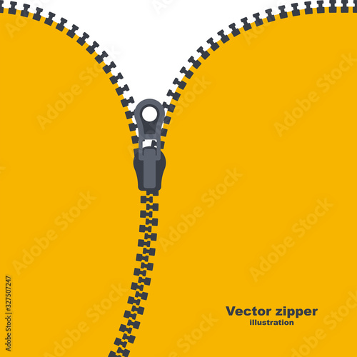 Zipper abstract background. Template zippered lock and unlock. Fastener silhouette. Vector illustration cartoon design. Flat icon isolated on yellow background. Open and close the hem of things.
