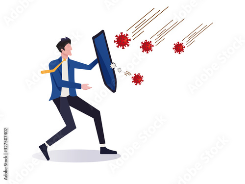 COVID-19 Coronavirus protection and quarantine or business risk prevention from novel virus outbreak concept, businessman holding knight shield to protect from COVID-19 Virus pathogens