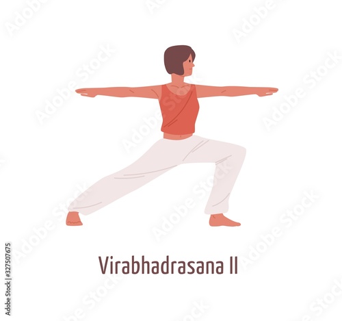 Active cartoon woman practicing virabhadrasana II position isolated on white. Yogi female exercising Hatha yoga Warrior Pose vector flat illustration. Girl performing gymnastics fitness workout photo