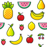 Fruits and berries seamless pattern in line style. Cute background with summer fruit set.