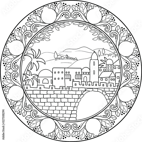 Ancient middle eastern city outline black on transparent background drawing, with pomegranates ornament motifs frame