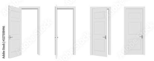 Creative vector illustration of open, closed door, entrance realistic doorway isolated on white background. Art design white doors template. Abstract concept graphic open, close house element photo