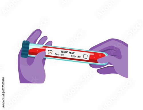 hand with glove holding blood in tube test, blood sample check from virus infection, doctor research for vaccine in cartoon flat illustration vector