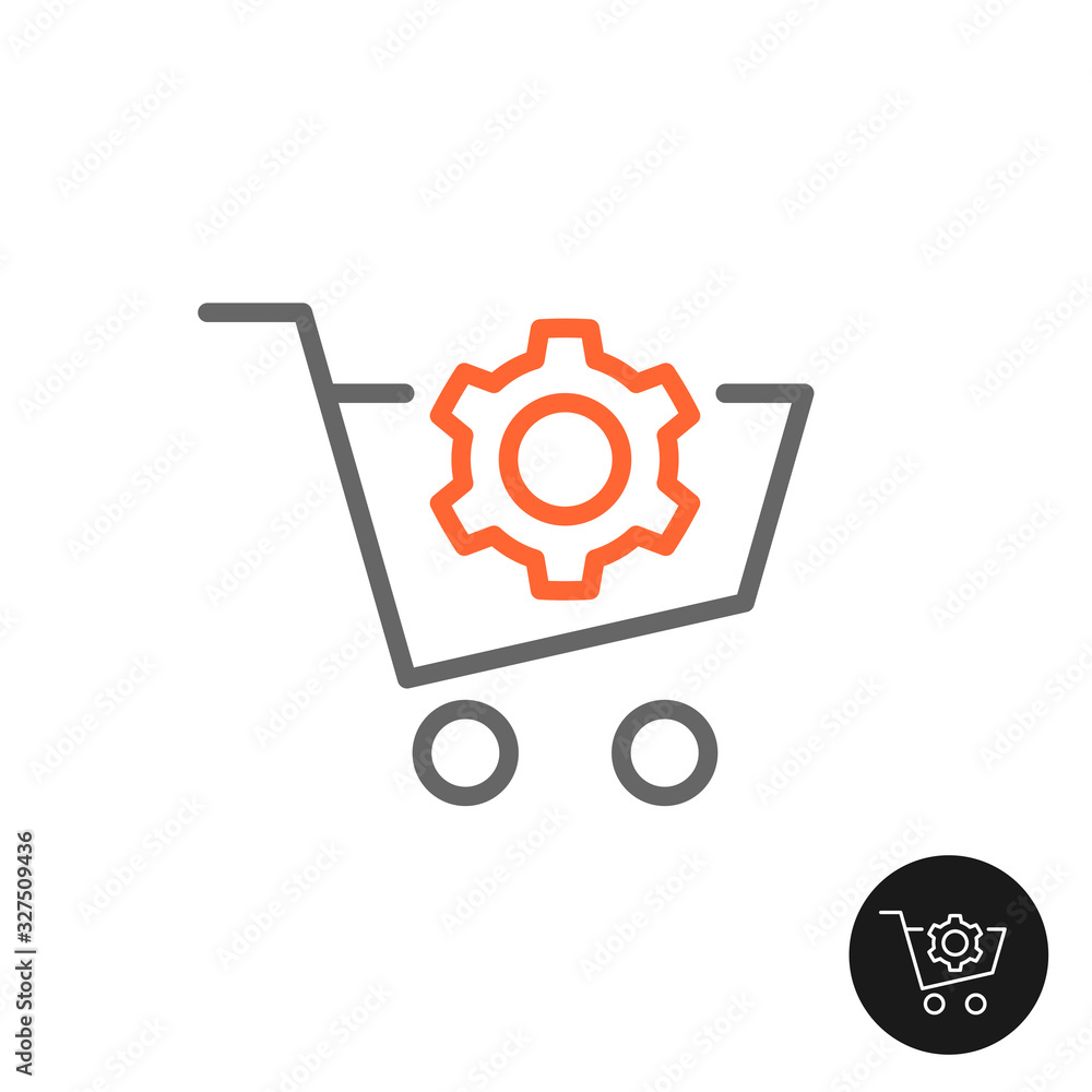 Procurement shopping cart icon with gear cog. Sales control and regulation. Marketing process symbol. Procurement shopping cart icon with gear cog. Sales control and regulation. Marketing process symbol.
