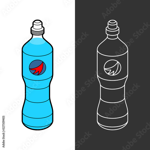 Isotonic sport drink bottle. Blue liquid for fitness in a plastic bottle with cup.