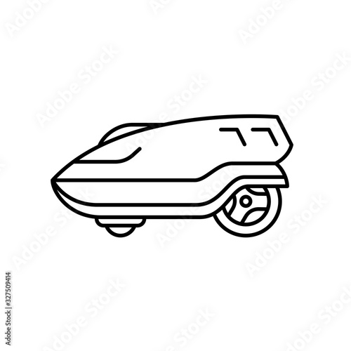 Lawn mower robot side view illustration. Line style automatic lawnmover icon. Garden outdoor electric tool.