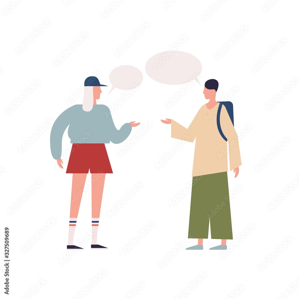 Obraz premium Teenage female and hipster male backpacker talking with speech bubbles vector flat illustration. Cartoon characters discussing together isolated on white. People enjoying communication