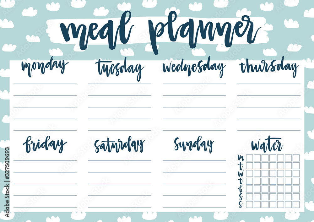 Cute A4 template for weekly and daily meal planner with lettering on pastel background with clouds. Organizer and water check list. Trendy self-organization concept for 2020 year with doodles. Cute A4 template for weekly and daily meal planner with lettering on pastel background with clouds. Organizer and water check list. Trendy self-organization concept for 2020 year with doodles.