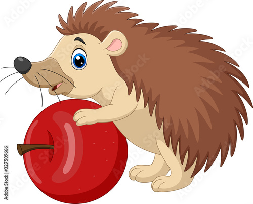 Cartoon baby hedgehog holding red apple