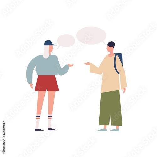 Teenage female and hipster male backpacker talking with speech bubbles vector flat illustration. Cartoon characters discussing together isolated on white. People enjoying communication