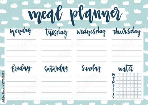 Cute A4 template for weekly and daily meal planner with lettering on pastel background with clouds. Organizer and water check list. Trendy self-organization concept for 2020 year with doodles.