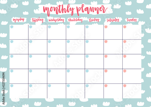 Cute monthly planner for 2020 year on pastel background with clouds. A4 print ready open date calendar design. Template vector illustration.