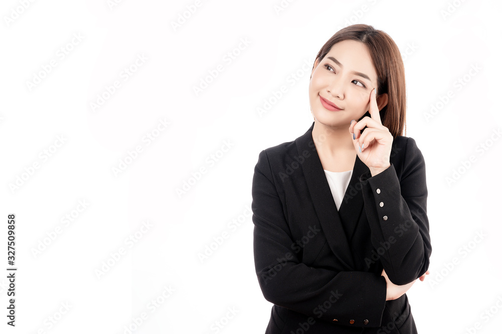 Asian businesswoman with black suit pretent thinking pose in white isolated background. Smart, confident, business, presenter concept. Asian businesswoman with black suit pretent thinking pose in white isolated background. Smart, confident, business, presenter concept.
