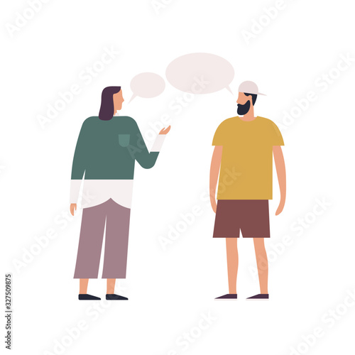 Stylish woman and hipster bearded guy talking each other with speech bubbles isolated on white