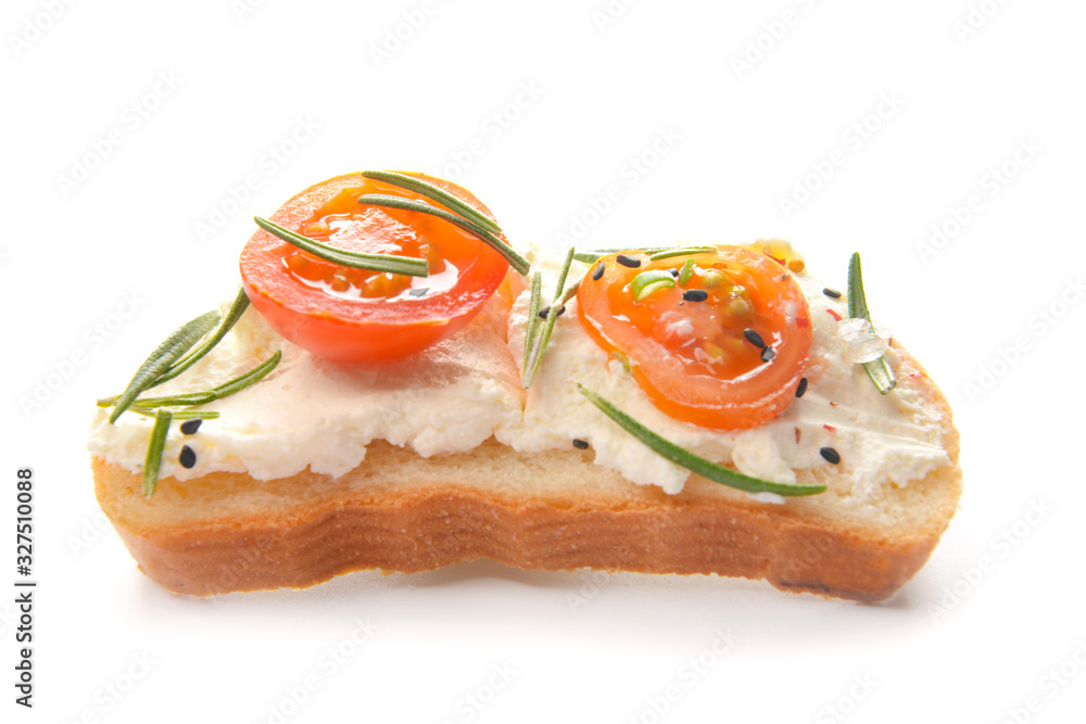 Sandwich with tasty cream cheese and tomato on white background Sandwich with tasty cream cheese and tomato on white background
