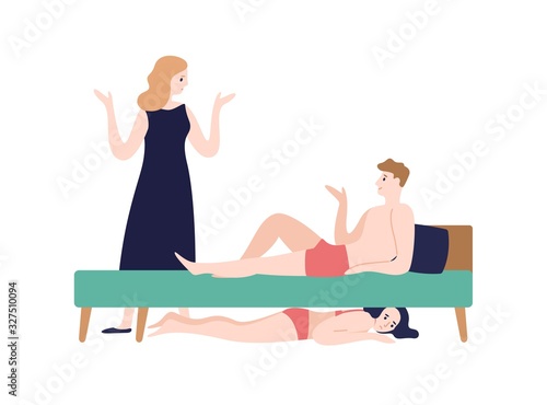 Amazed woman incriminate husband in underwear at bedroom with mistress isolated on white. Womanizer man lying on bed over hiding girlfriend vector flat illustration. Love triangle concept