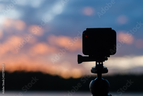 Shooting on the sunset / sunrise action camera (TimeLaps). Observation of the natural phenomenon while traveling